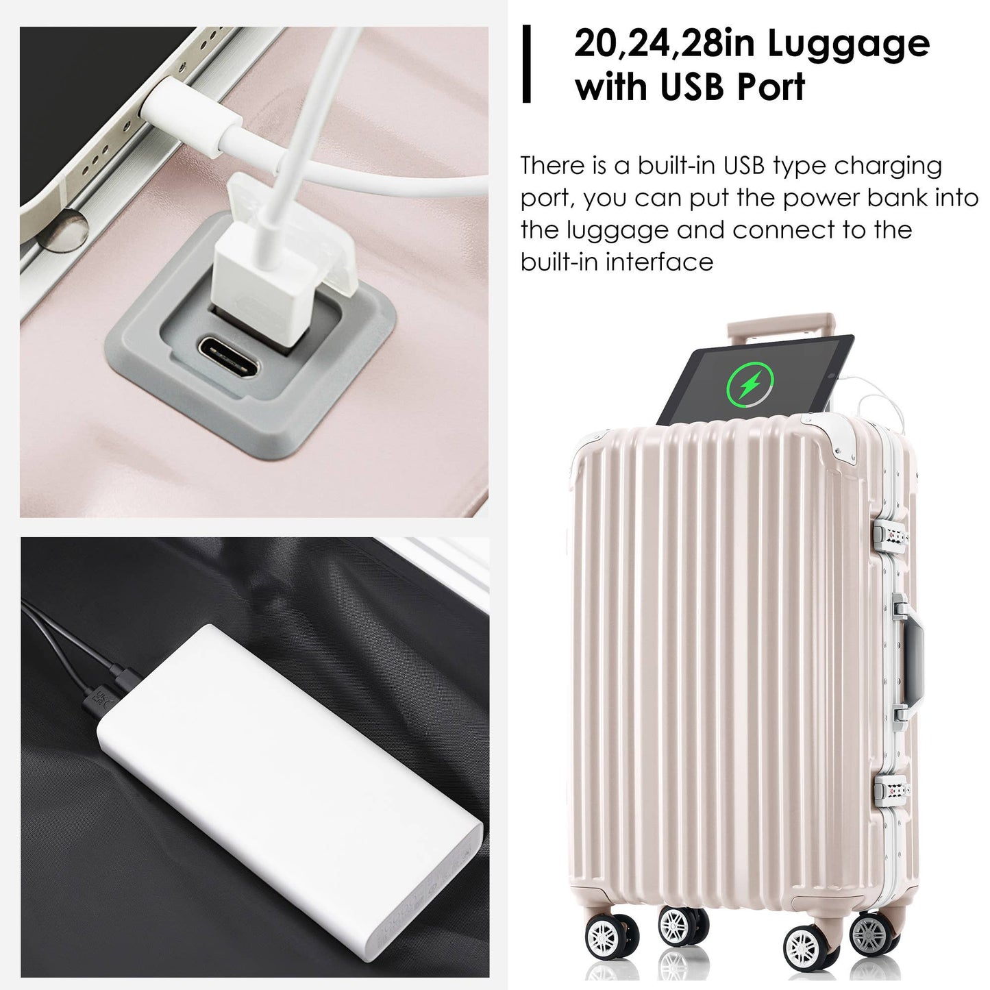20in Aluminum Luggage with USB, Spinner Wheels & TSA Lock - Pink