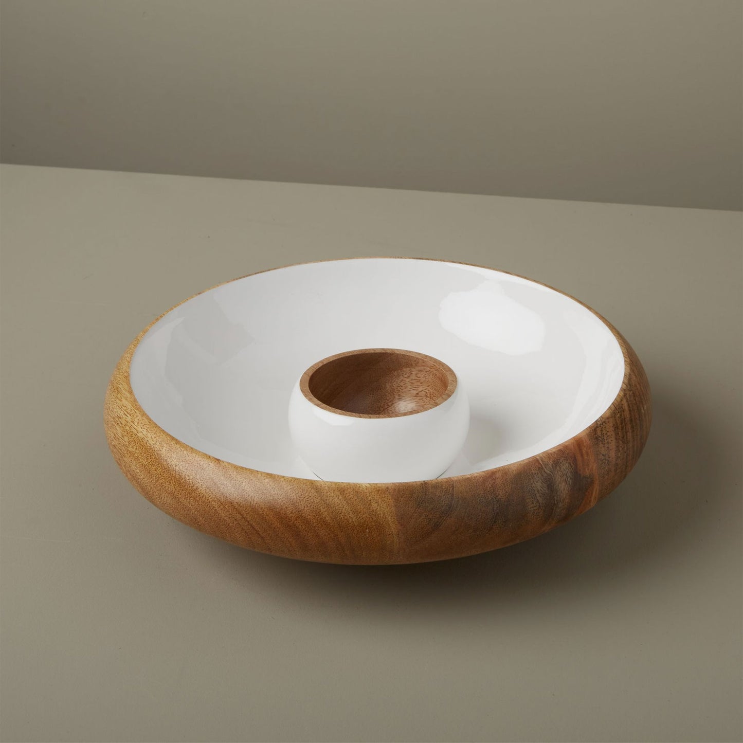 Mango Wood and White Enamel Chip & Dip Bowl Set