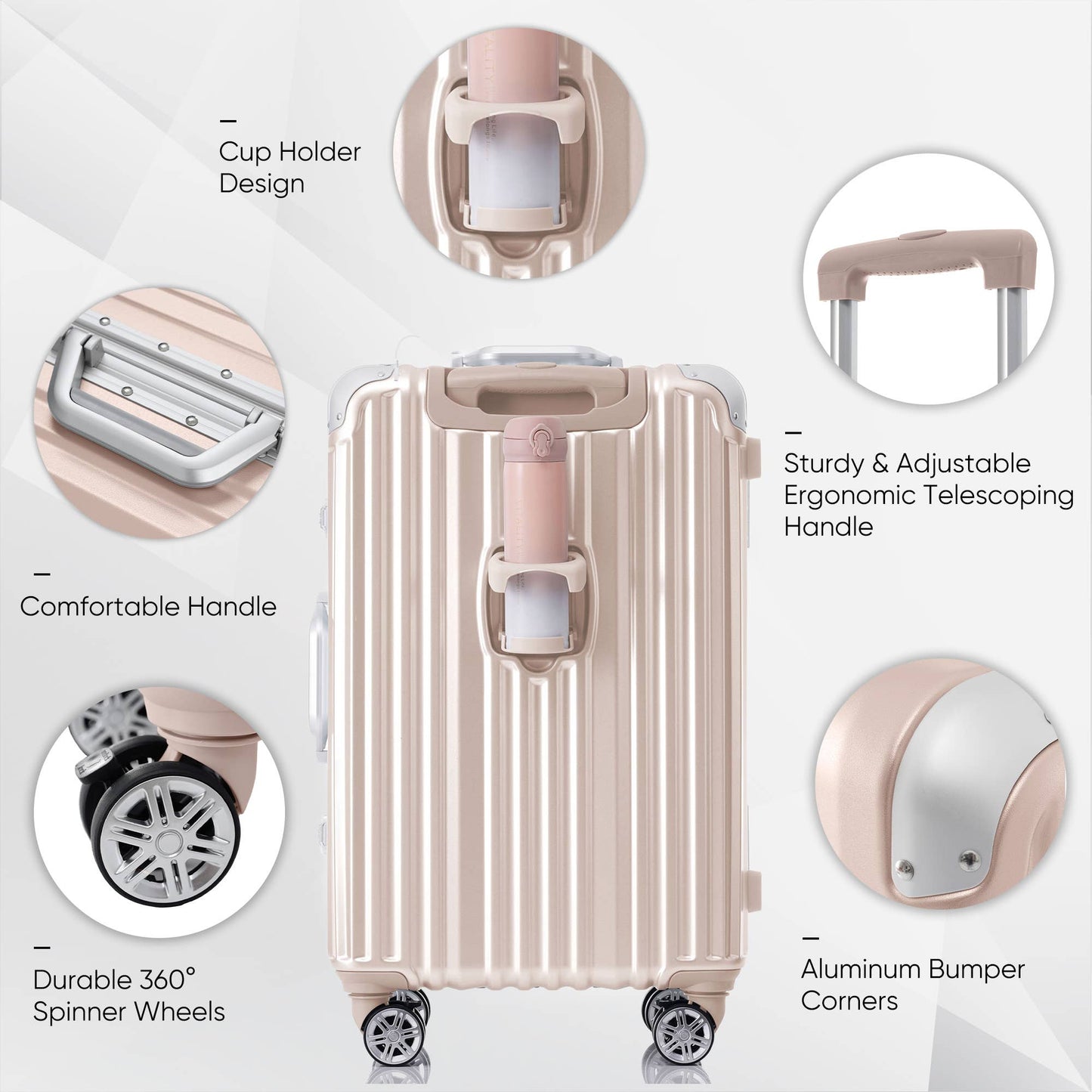 20in Aluminum Luggage with USB, Spinner Wheels & TSA Lock - Pink