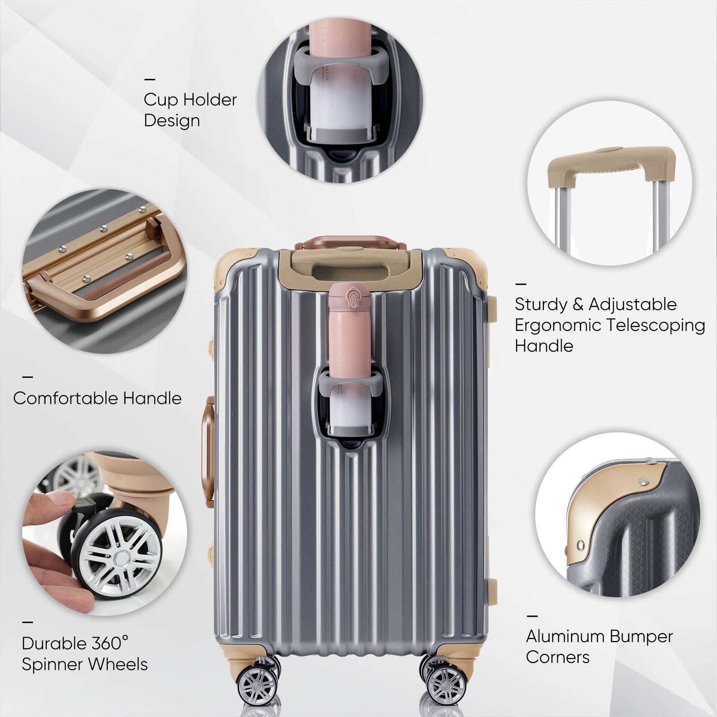 24in Aluminum Luggage with USB, Spinner Wheels, TSA Lock - Dark Gray