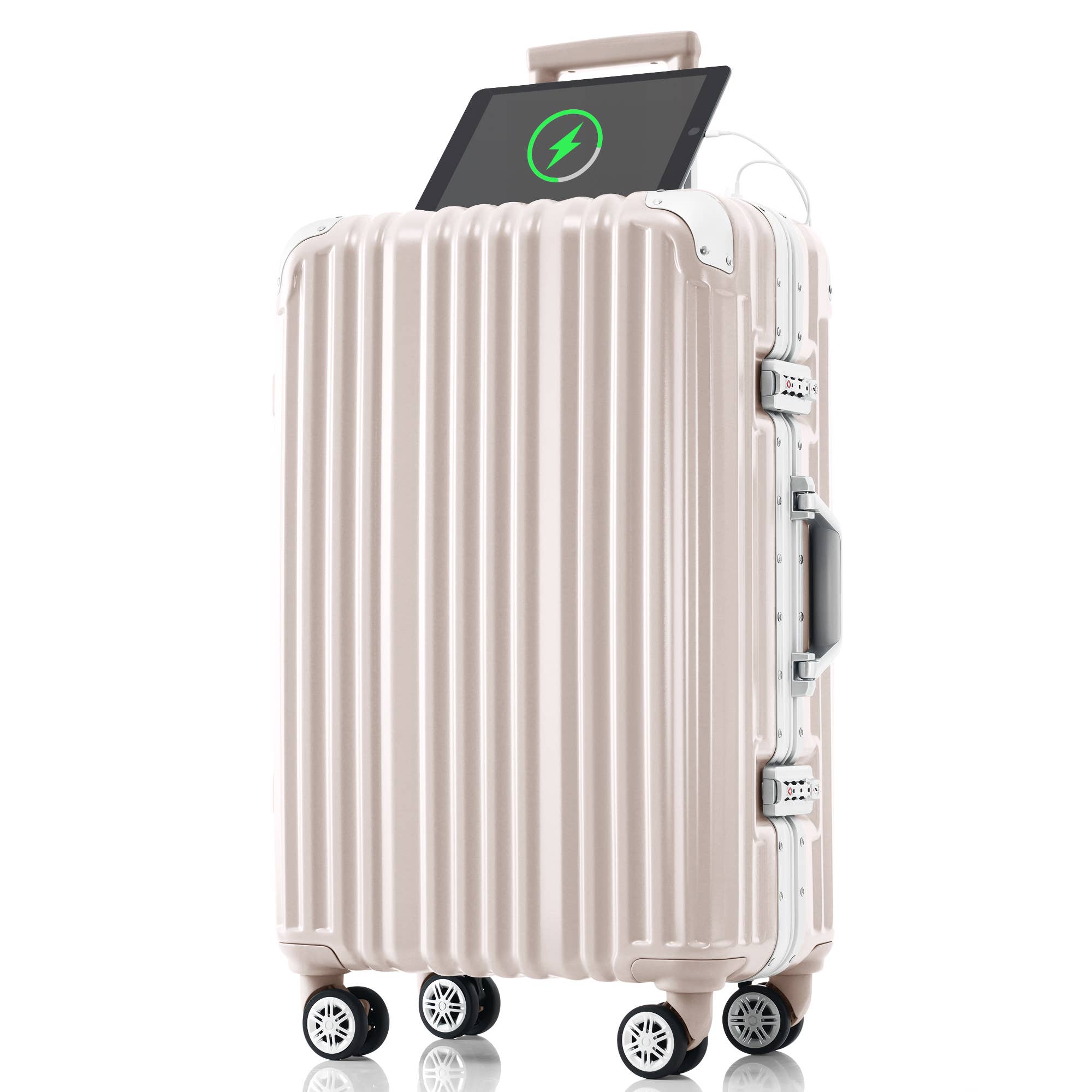 20in Aluminum Luggage with USB, Spinner Wheels & TSA Lock - Pink