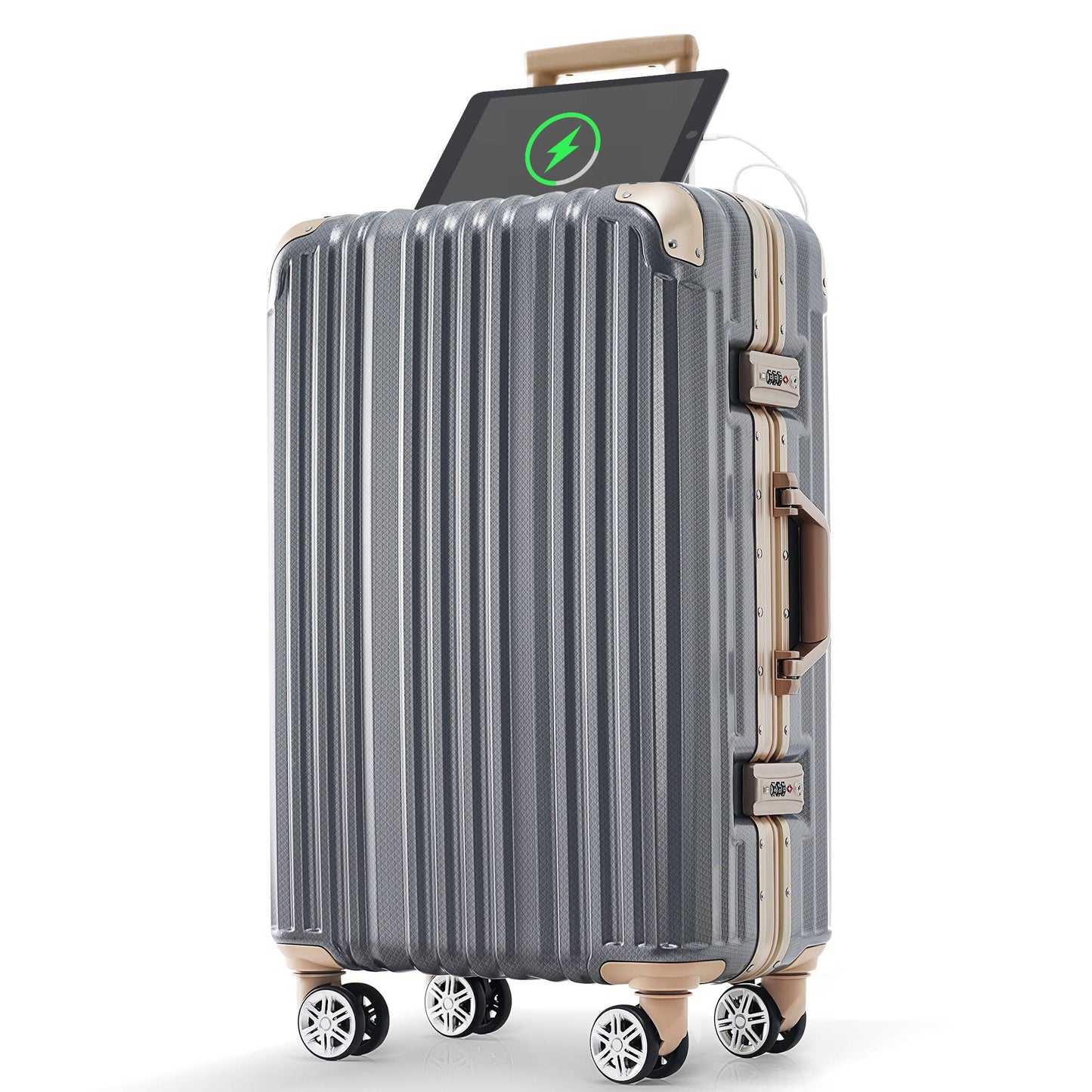 24in Aluminum Luggage with USB, Spinner Wheels, TSA Lock - Dark Gray