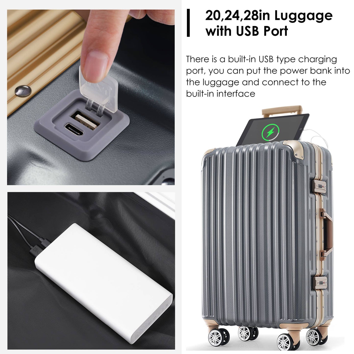 24in Aluminum Luggage with USB, Spinner Wheels, TSA Lock - Dark Gray
