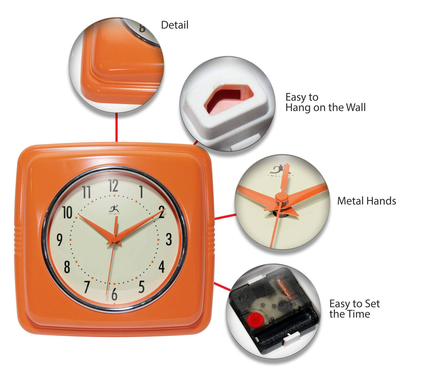 Retro Square Orange Indoor Wall Clock 9.25"