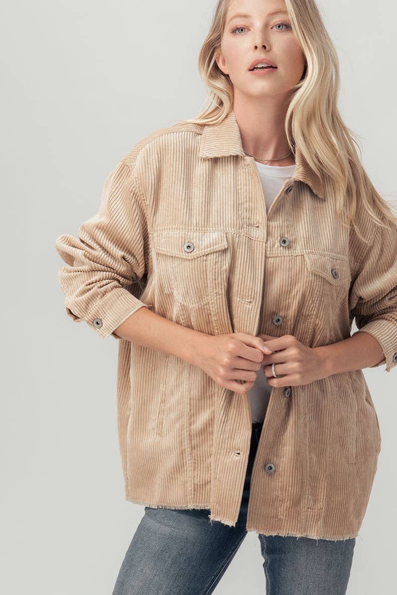 Corduroy Raw Hem Shirt Jacket, Camel