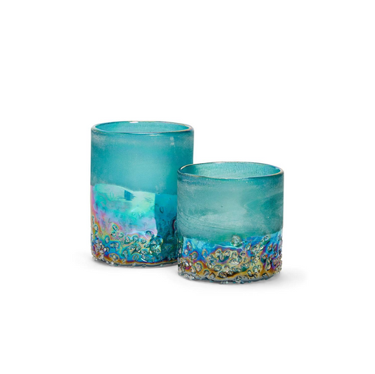 Frosted Iridescent Candle Holders in Seafoam, Set of 2