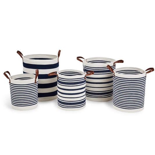 Yacht Club Baskets in Blue and White Stripes, Set of 5