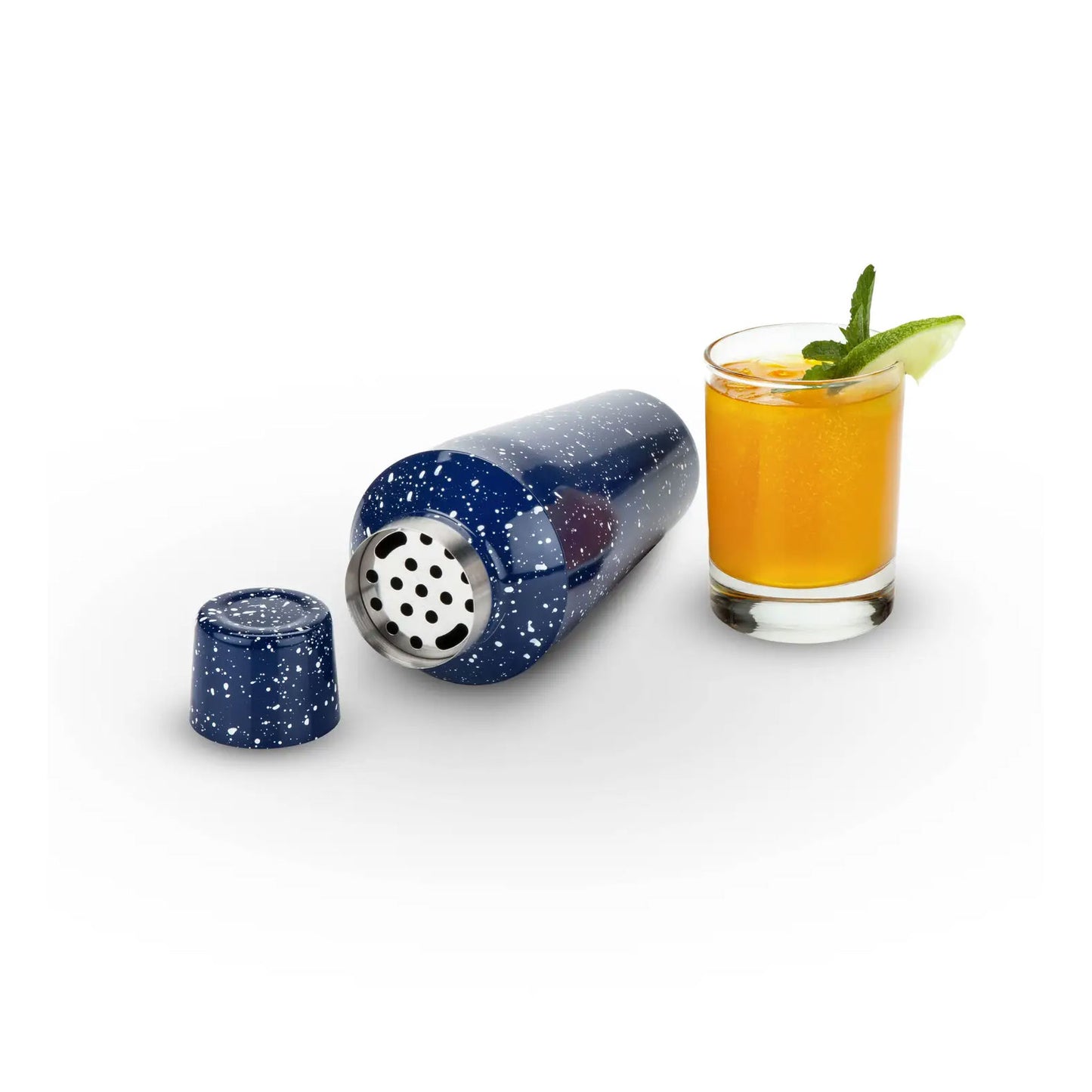 Enamel Cocktail Shaker & Jigger in Blue with White Speckle