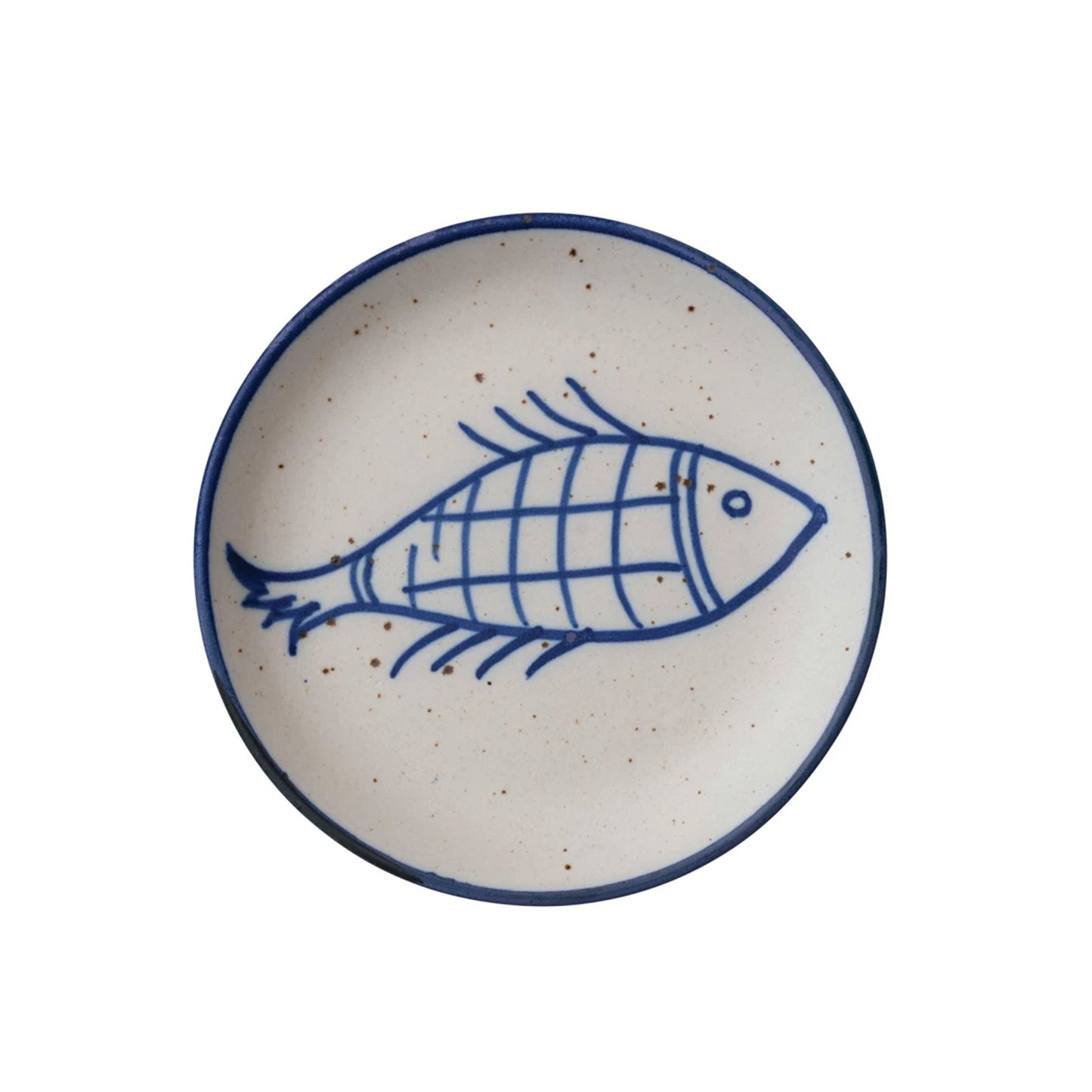 Hand-Painted Stoneware Plate with Fish in Blue & Cream Speckled
