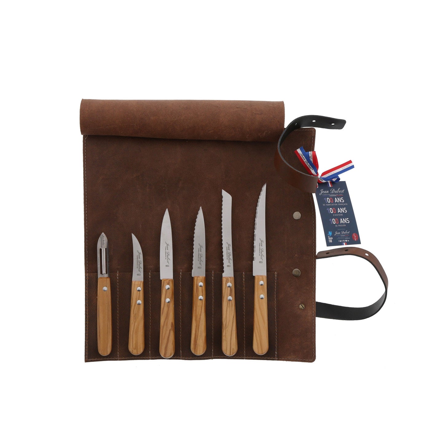 Jean Dubost 6 Olive Wood Kitchen Knives in Leather Pouch