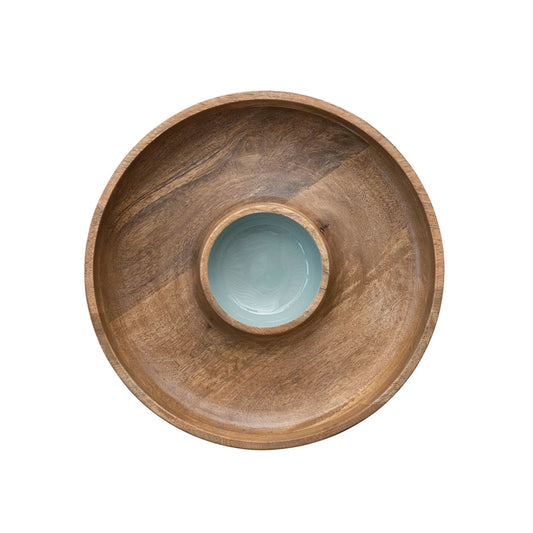 Mango Wood and Enameled Lazy Susan Server in Natural & Blue