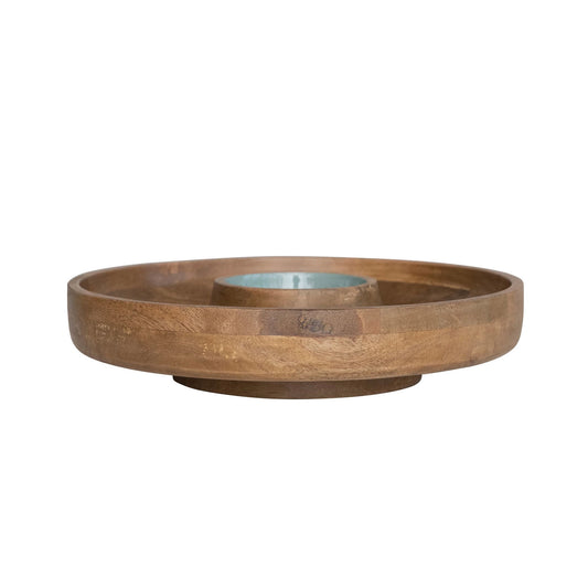 Mango Wood and Enameled Lazy Susan Server in Natural & Blue