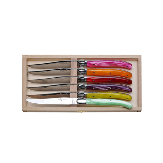 Jean Dubost Steak Knives with Multi-Color Handles in a Clasp Box, 6 Pc.