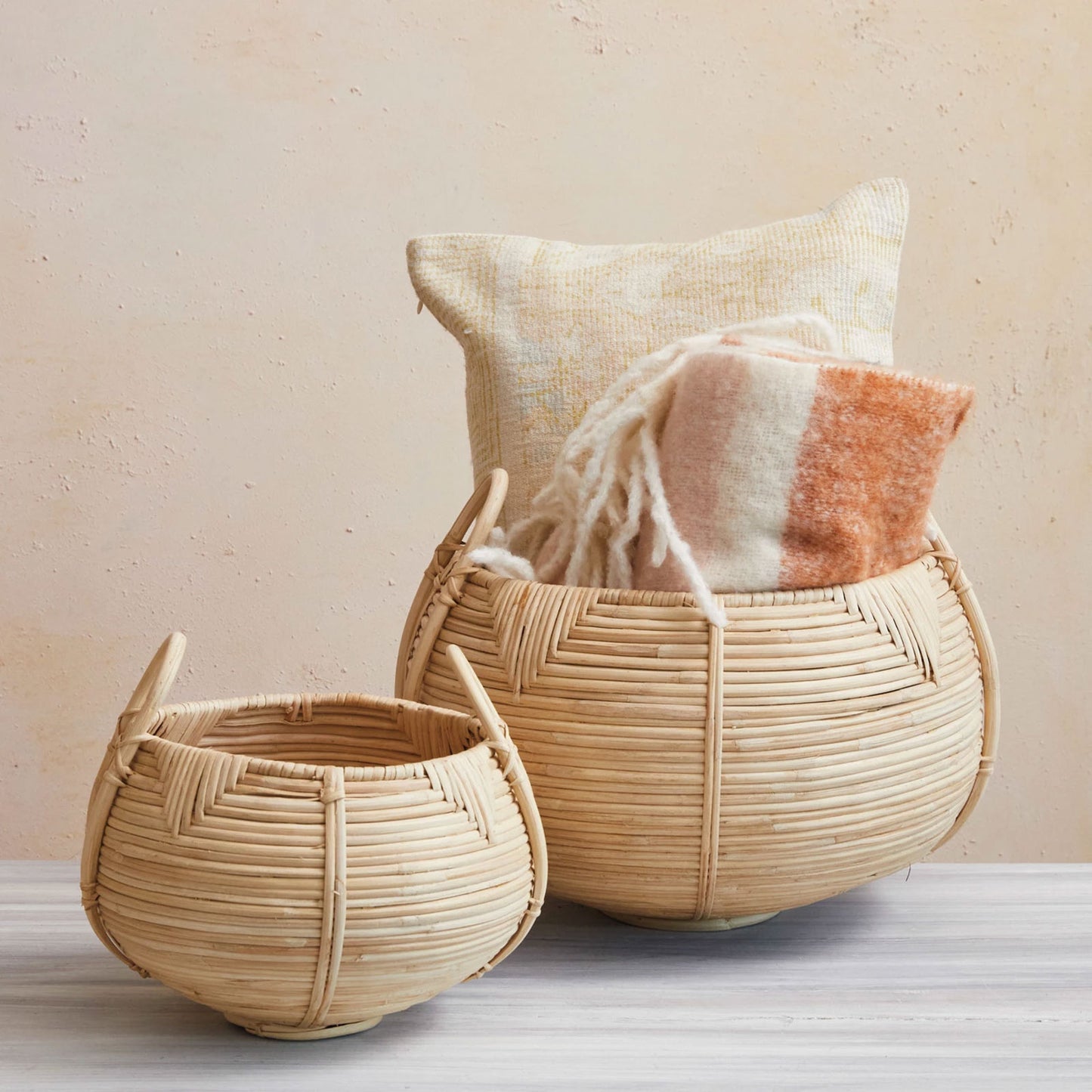 Hand-Woven Rattan Baskets with Handles in Natural, Set of 2