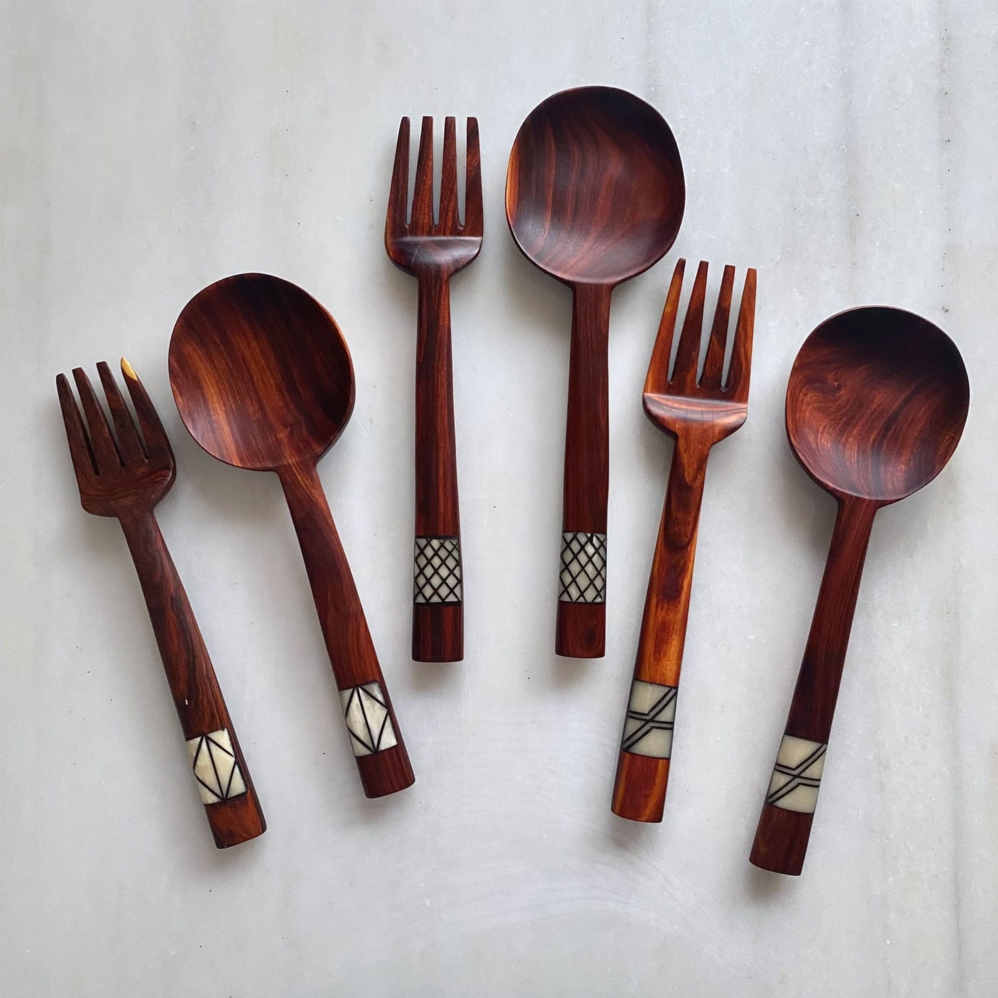 Inlaid Hardwood Salad Servers in African Teak