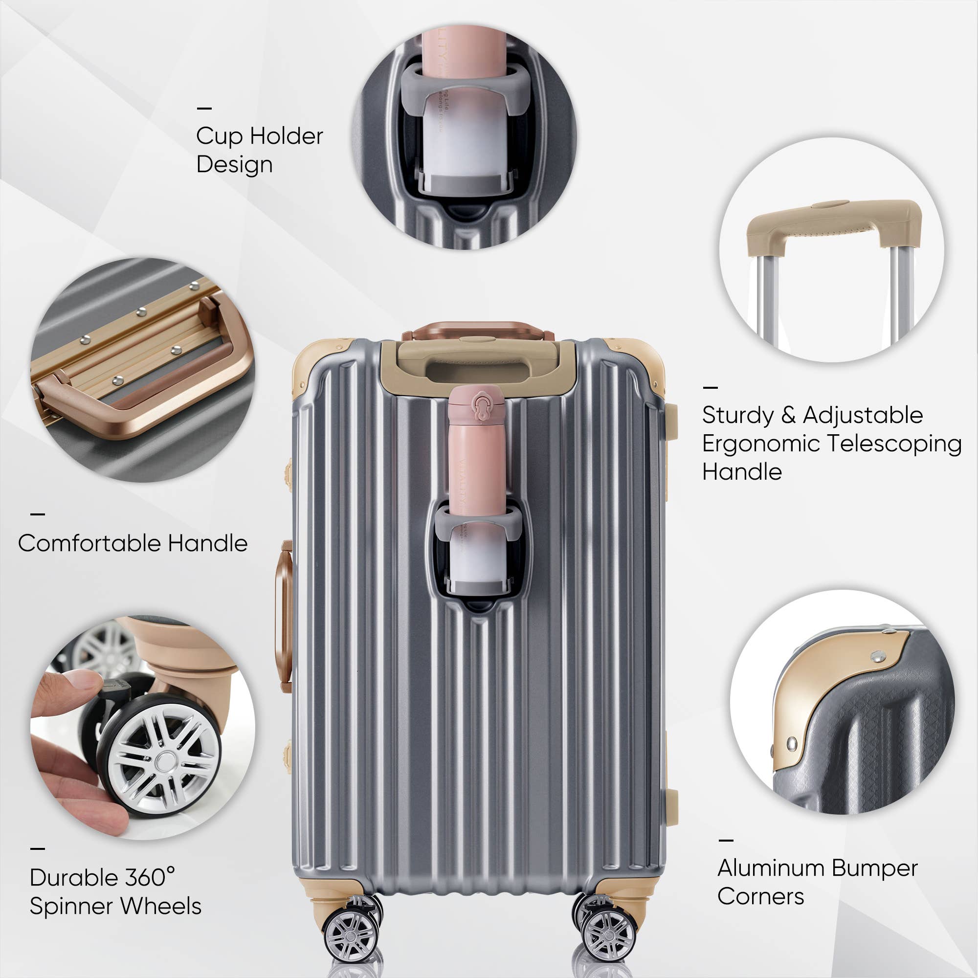 24in Aluminum Luggage with USB, Spinner Wheels, TSA Lock - Dark Gray
