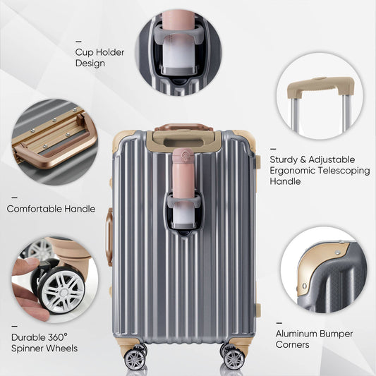 24in Aluminum Luggage with USB, Spinner Wheels, TSA Lock - Dark Gray