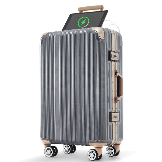24in Aluminum Luggage with USB, Spinner Wheels, TSA Lock - Dark Gray