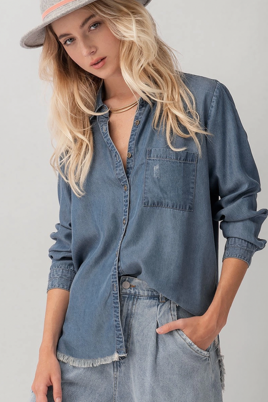 Denim Button Down Raw Hem Shirt, Blue
