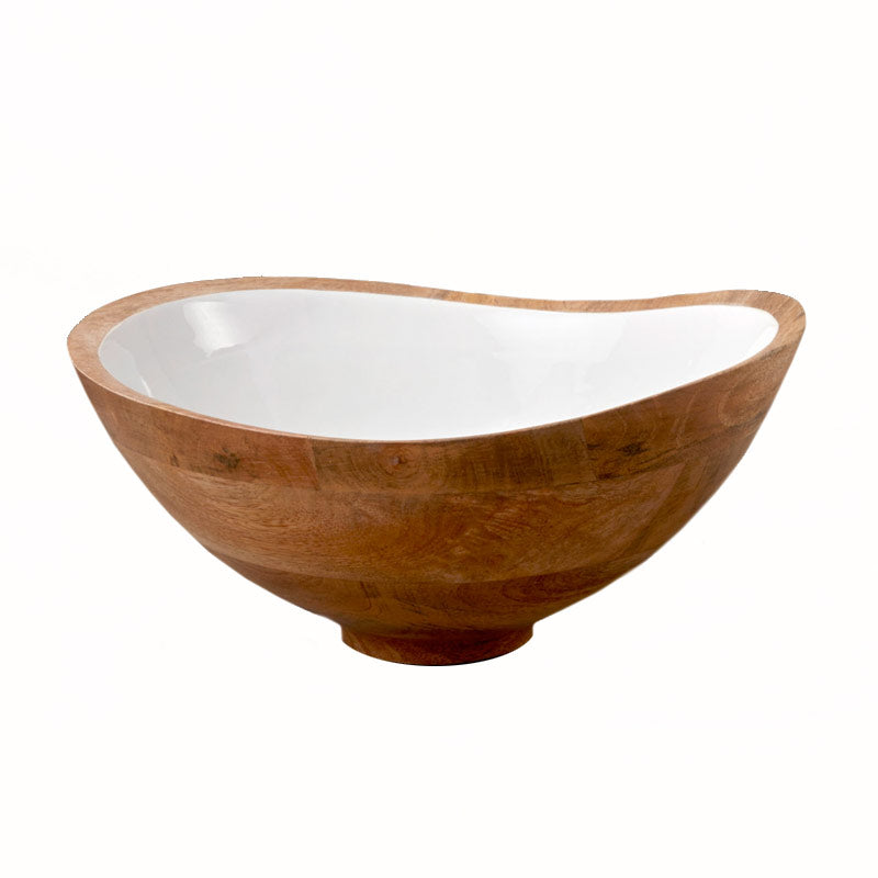 Mango Wood and White Enamel Bowl, Large