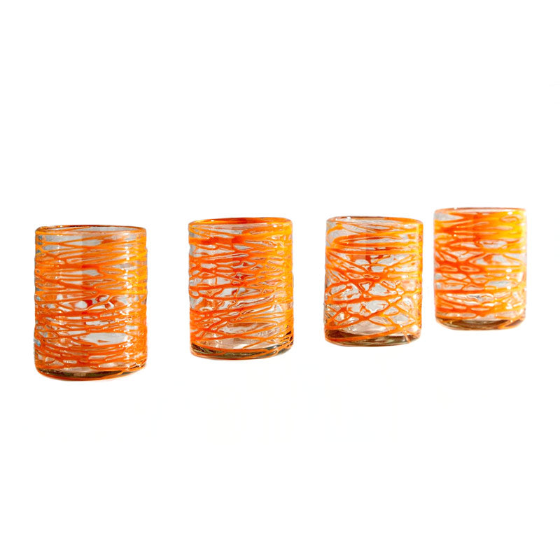 Mexican Handblown Glasses, Orange, Set of 4