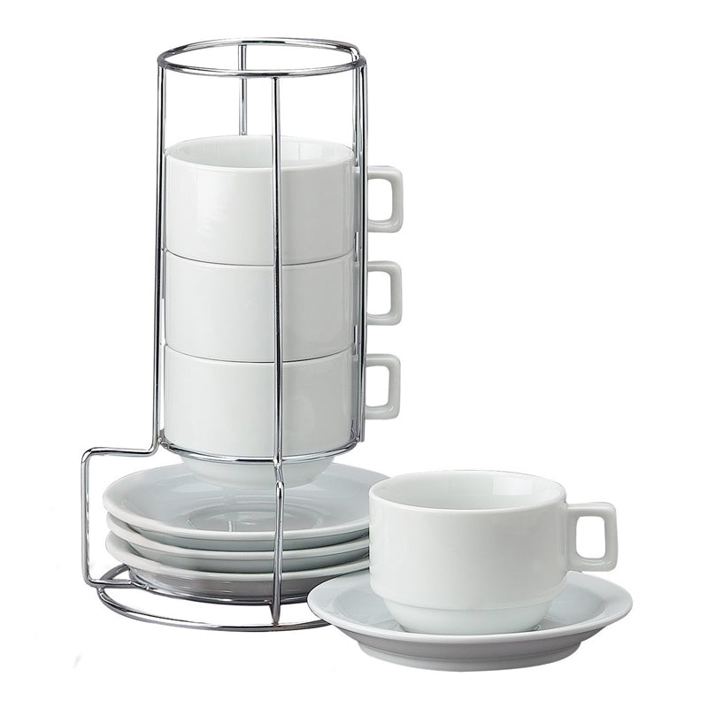 Porcelain Espresso Cups with Saucers, 4 Ounce Stackable Cappuccino Cups  with Metal Stand for Coffee Drinks, Latte, Tea 