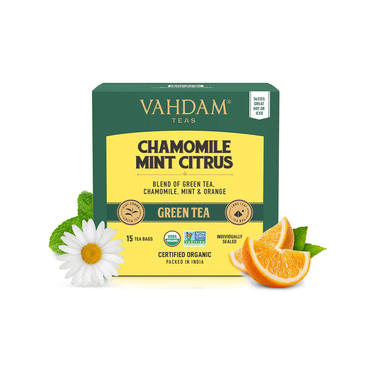 Vahdam Teas Chamomile Mint Citrus Green Tea Bags, 15 Sachets