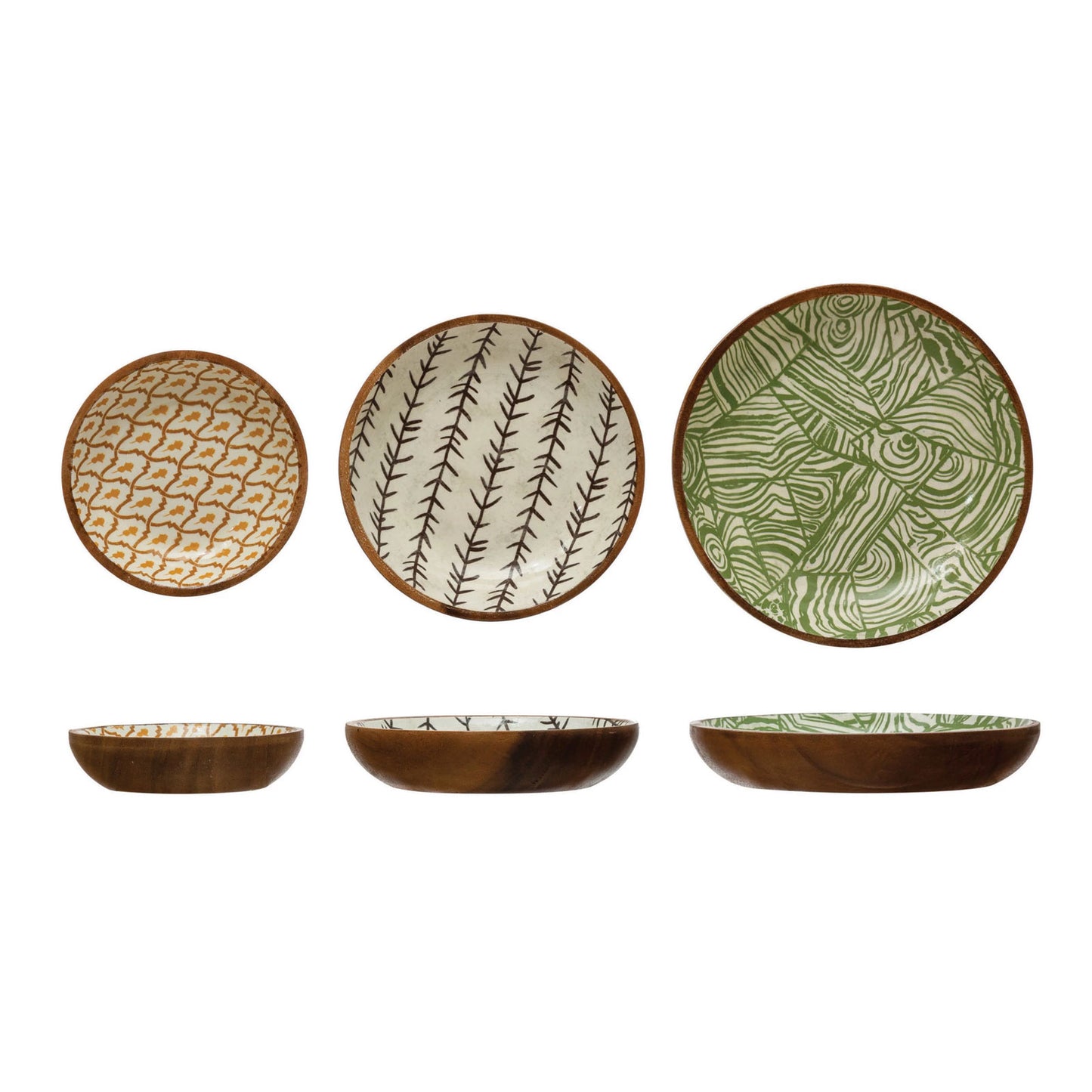 Enameled Acacia Wood Bowls with Pattern, Set of 3