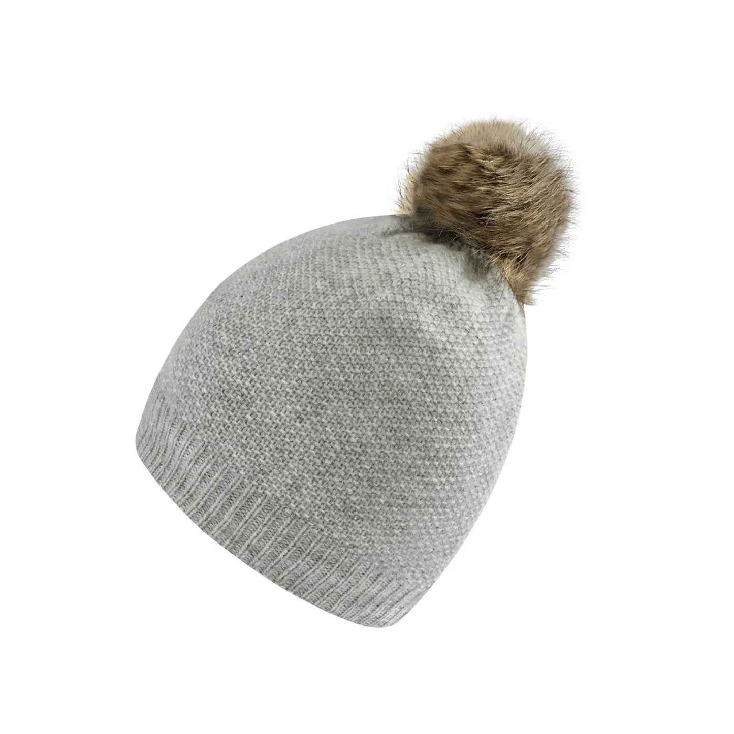Knitted Hat with Faux Fur Pom in Light Grey