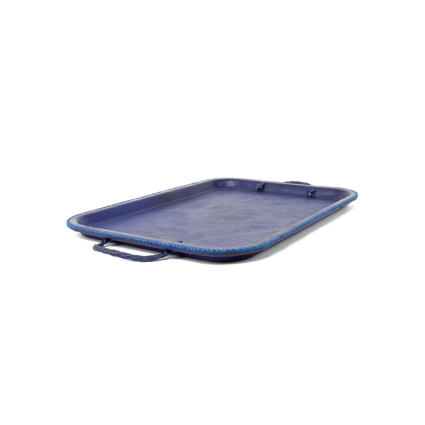 Leather Serving Tray with Braided Handles in Blue