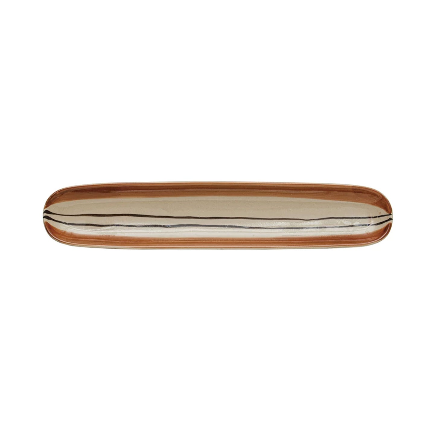 Hand-Painted Oval Stoneware Tray with Brown and Black Stripes