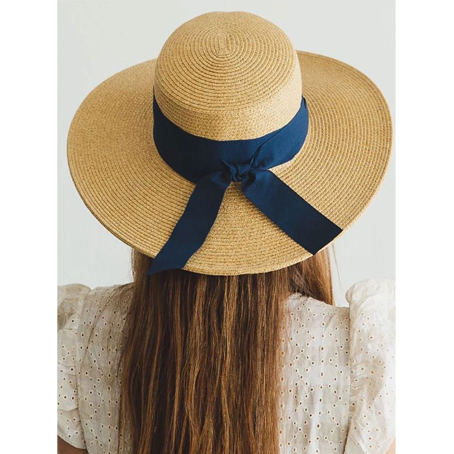 Straw Boater Sun Hat with Navy Ribbon