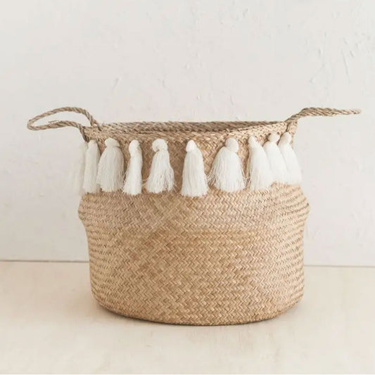 White Tasseled Folding Basket